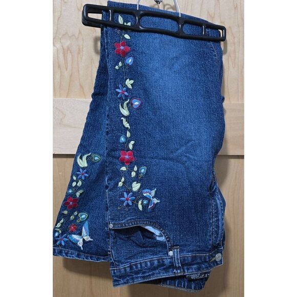 Vtg Embroidered Floral Blue Denim Jeans W Colorful Flowers Flower power fairycor - Picture 1 of 9
